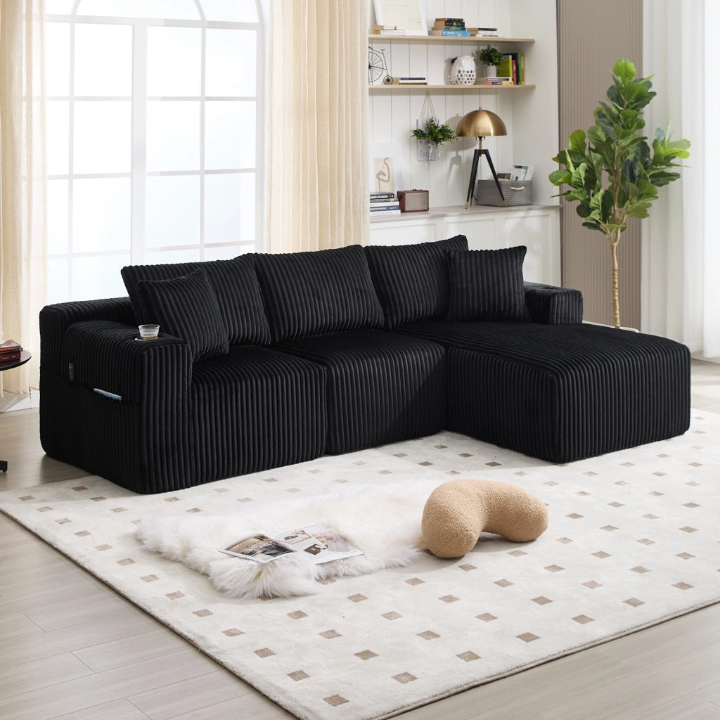 Divano modulare con chaise longue e 2 posti con 5 cuscini, tasche laterali e portabicchieri in velluto nero