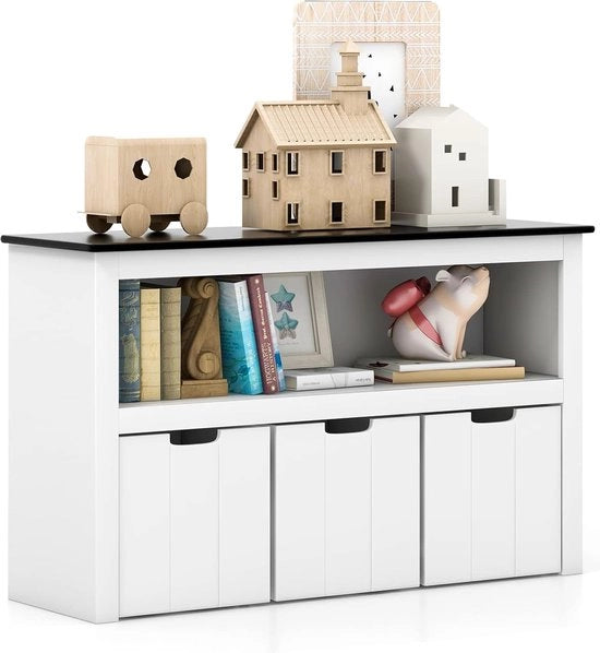 Comoda per bambini, cassettiera per bambini, commoda con 3 cassetti e ruote, organizzatore di giocattoli per camera da letto e soggiorno, cassettiera di legno (bianco + nero, 102 x 33 x 62 cm)