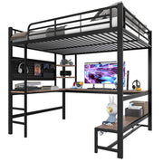 Letto a soppalco 140x200 cm con scrivania e ripiani; in metallo nero (Senza materasso)