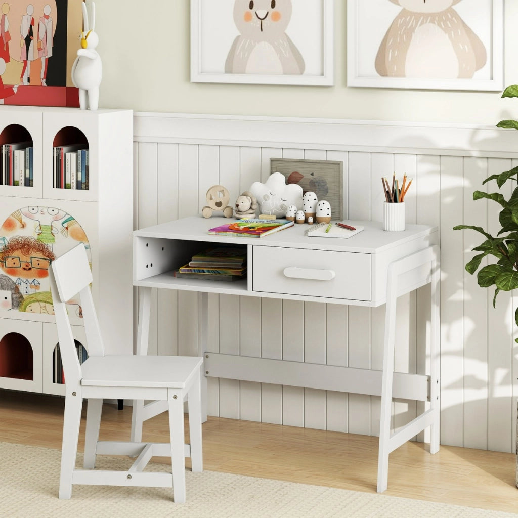 Set scrivania e sedia con cassetto e scomparto, Set di tavoli da studio in legno per bambini Bianco