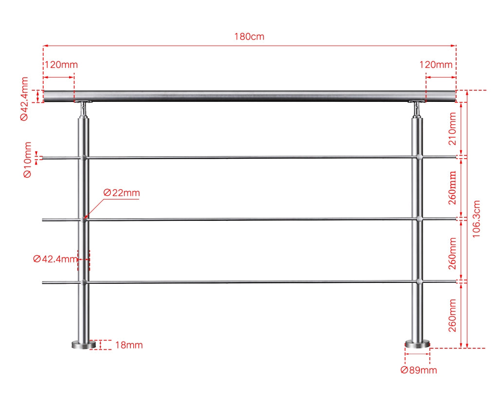 Ringhiera Balaustra Corrimano in acciaio inox 304 spazzolato 180x106cm per interni ed esterni 3 barre trasversali