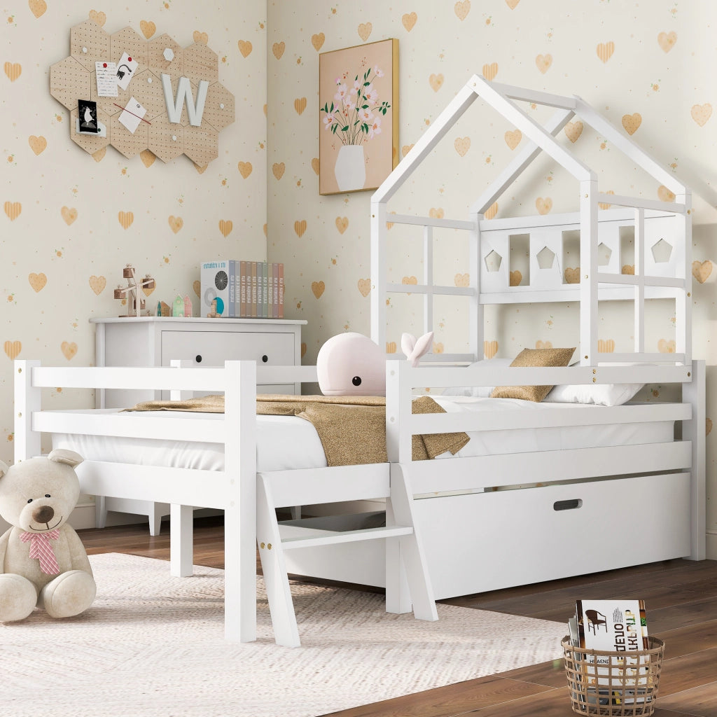 Letto a soppalco per bambini in legno massello con scala e cassetto, 90x200 cm, bianco