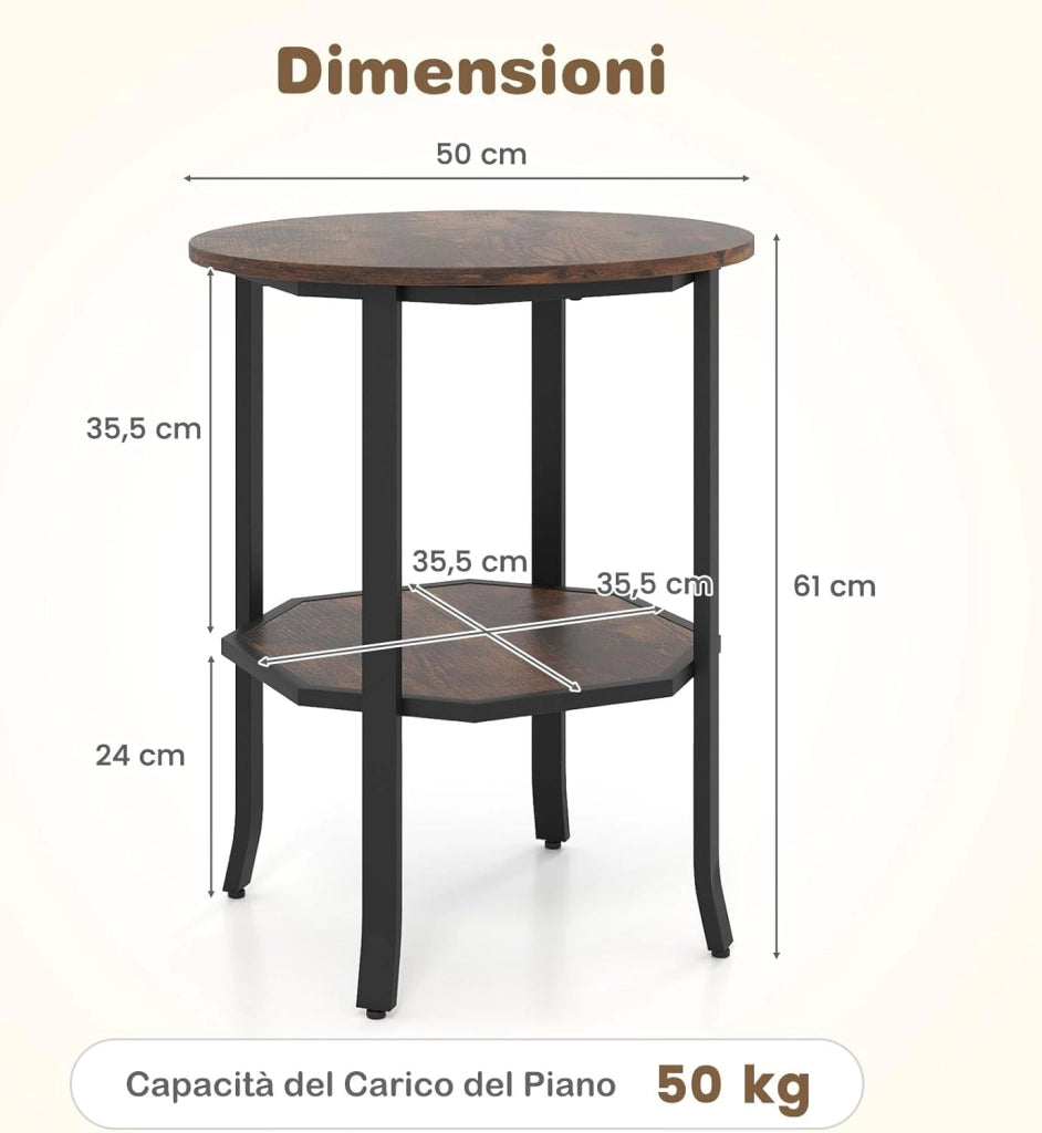 Tavolino Laterale Rotondo a 2 Livelli, Tavolino da Salotto Industriale con Ripiano di Stoccaggio, Struttura in Metallo, Comodino Moderno per Soggiorno e Ufficio, 50 x 50 x 61 cm (Marrone)