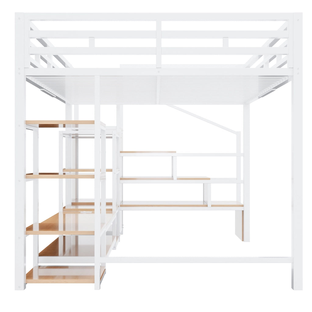 Letto a soppalco 140x200 cm con supporto TV, presa elettrica e scala contenitiva, struttura in metallo e MDF, bianco