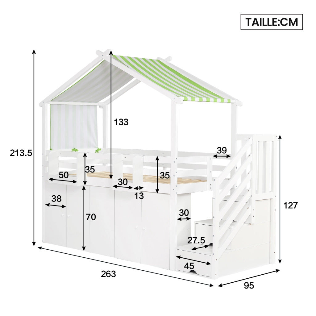 OKWISH Letto a Castello 90×200 cm, Letto Singolo con Scala Contenitore, Armadio, 7 Vani e Spondina, senza Materasso, Bianco Verde