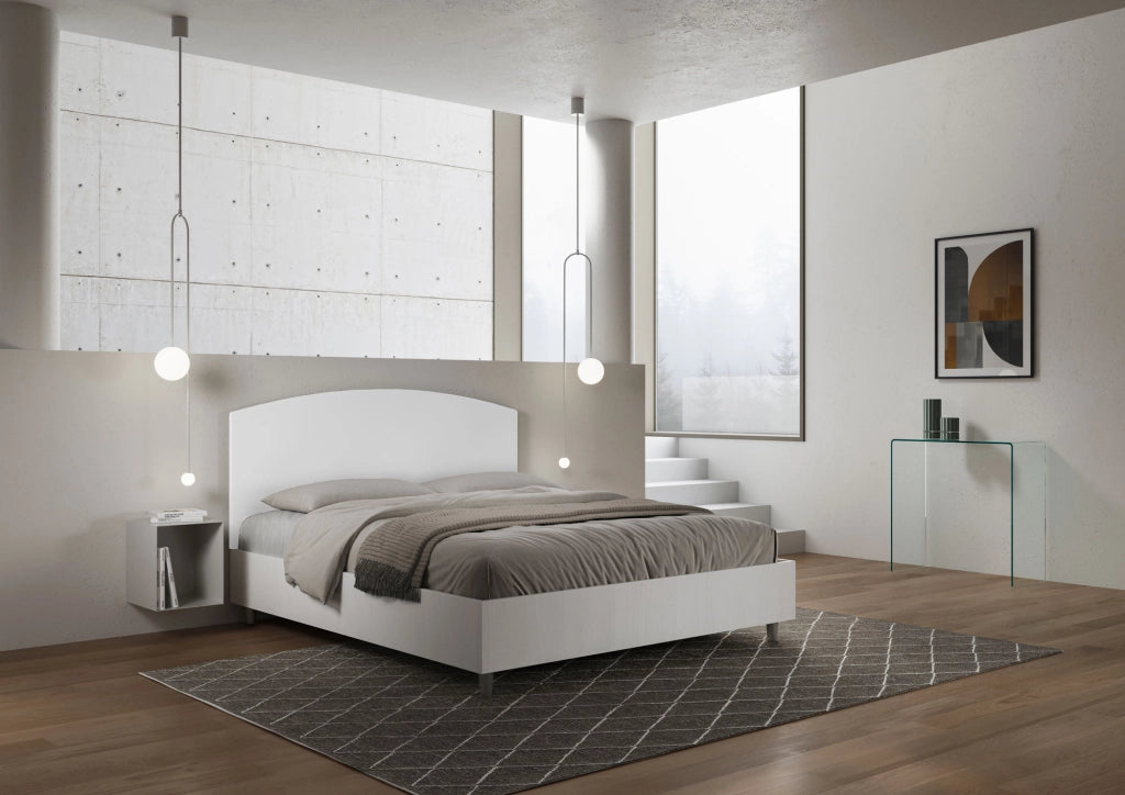 Letto Matrimoniale 160x190 cm con Rete e Contenitore Alzata Comoda Struttura Bianco Frassico e Testata in Similpelle