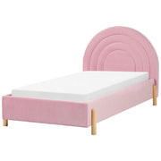 Letto con Contenitore in tessuto bouclè rosa, Misura Singola 90 x 200 cm Design Minimalista Retro con Testiera a Mezza Luna