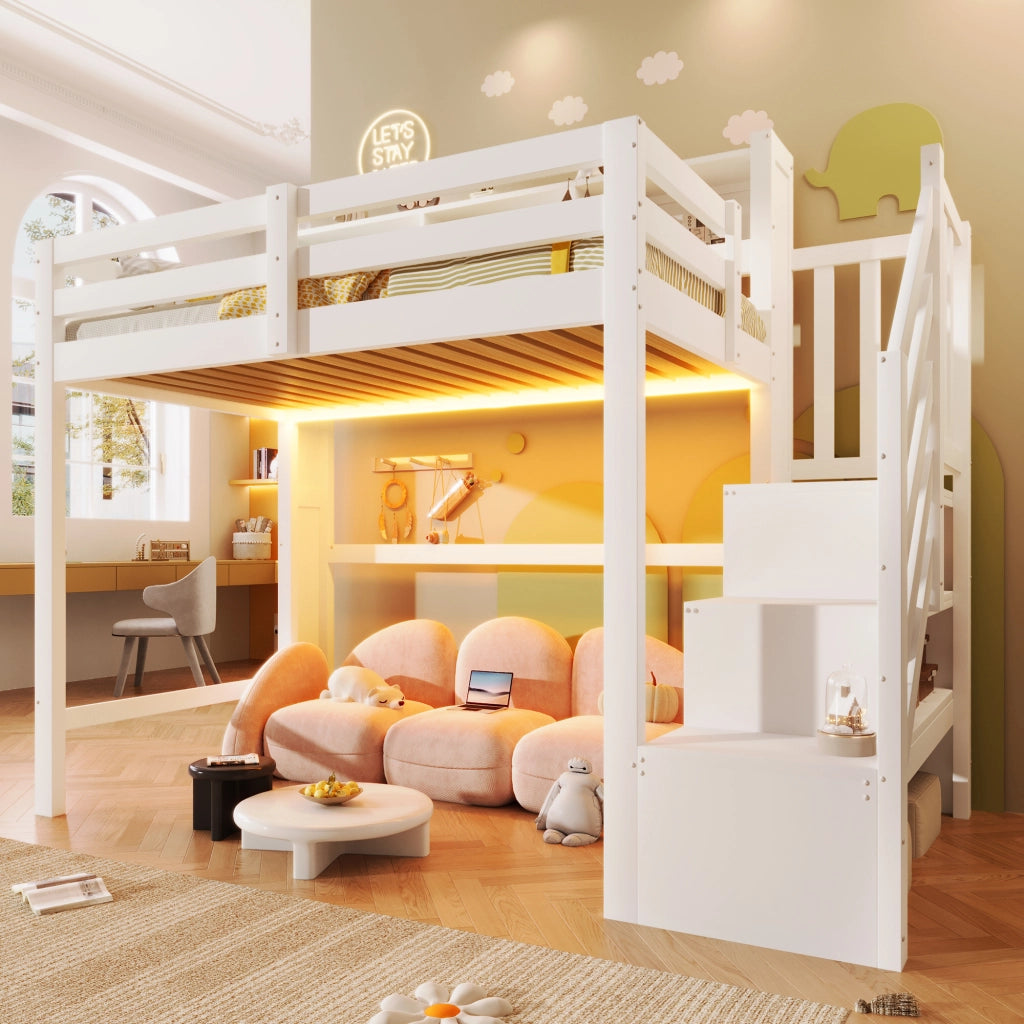 LETTO A CASTELLO ALTO 90x200 cm con LED, pino e MDF bianco