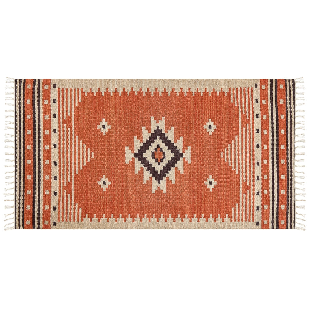 Tappeto Kilim in cotone multicolore 80 x 150 cm con motivo geometrico reversibile e frange Rettangolare Tradizionale