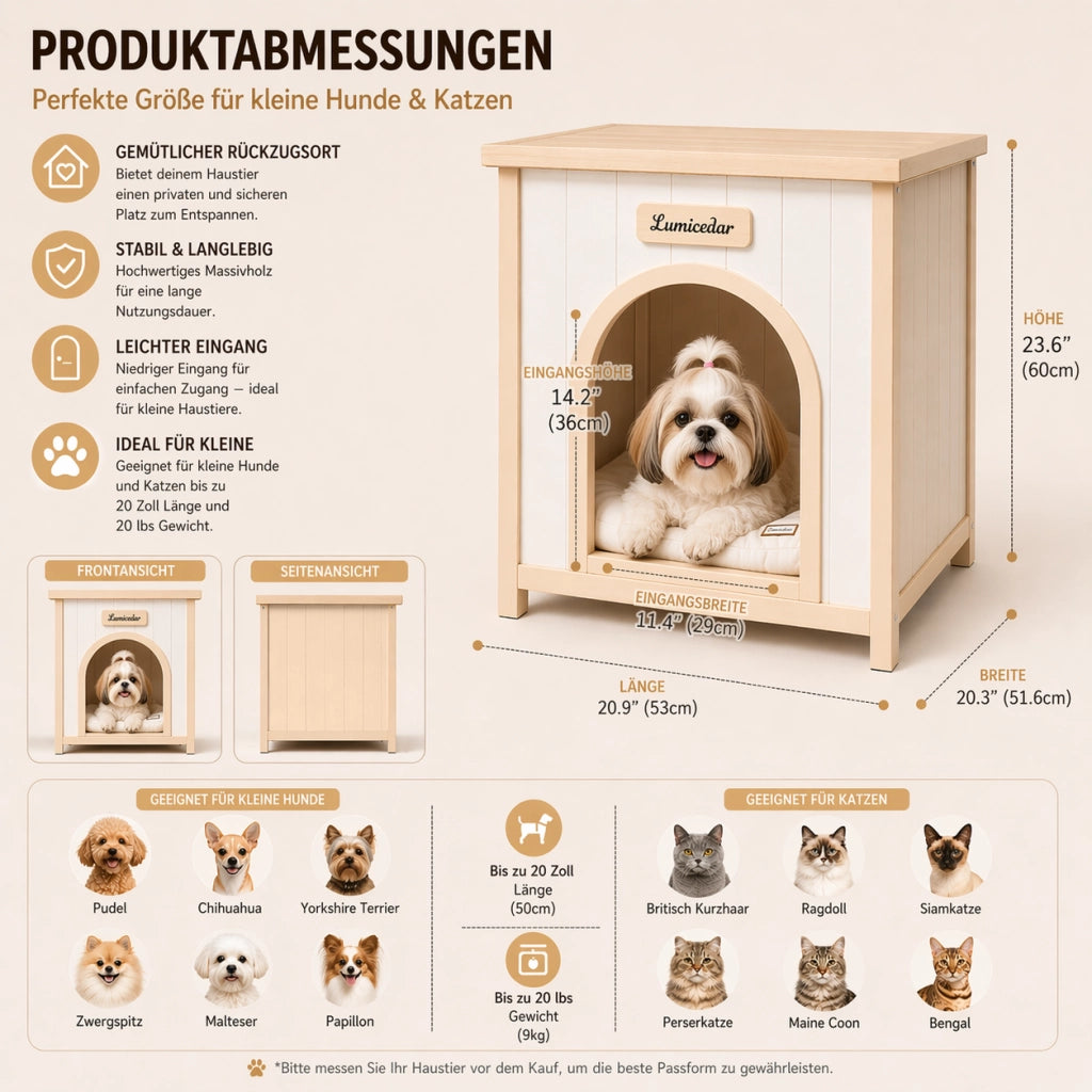 Cuccia per cani con cuscino removibile per interni in legno; finitura bianco crema 64.6×57.8×20.1 cm