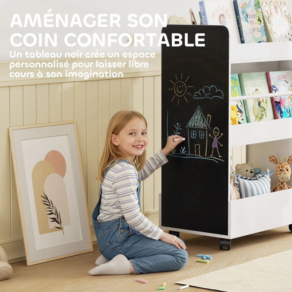 Libreria per bambini con rotelle e lavagna ¨C zephmum ¨C bianco 66,5x32,5x86,5cm