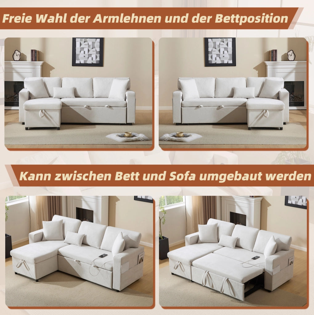 Divano letto 3 posti reversibile con USB; contenitore; 3 cuscini; MDF; beige