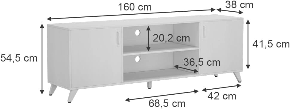 Lowboard Maceio, Bianco, 160 x 54.5 cm con 2 porte, adatto per l'installazione di televisori e dispositivi multimediali