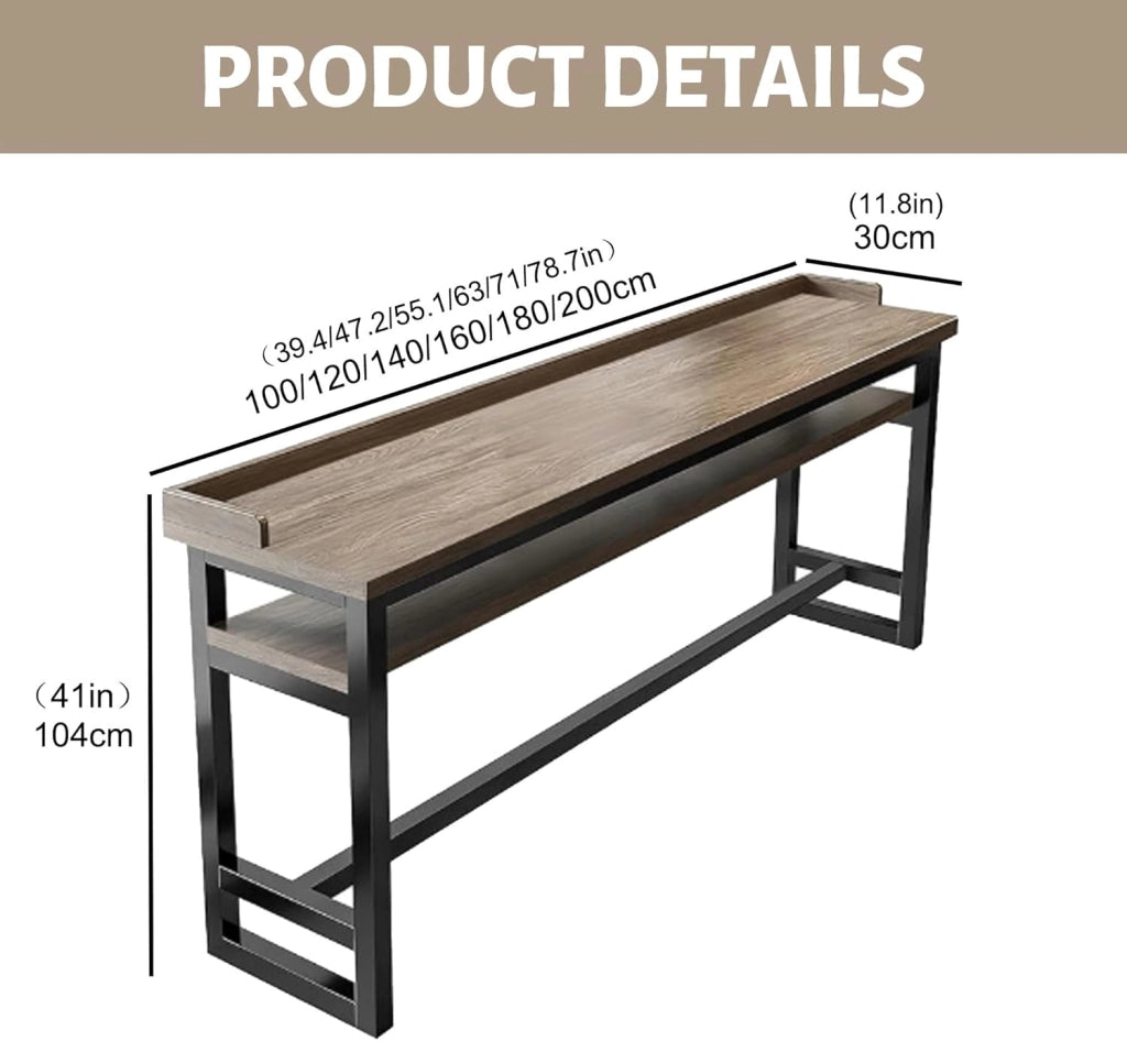 Tavolo Alto da Bar Tavolo Cucina Tavolino Alto e Stretto da Balcone Salvaspazio con Telaio in Metallo per Soggiorno e Sala Da Pranzo Bar Ristorante(Gray Oak(double),79x15.8x41in)