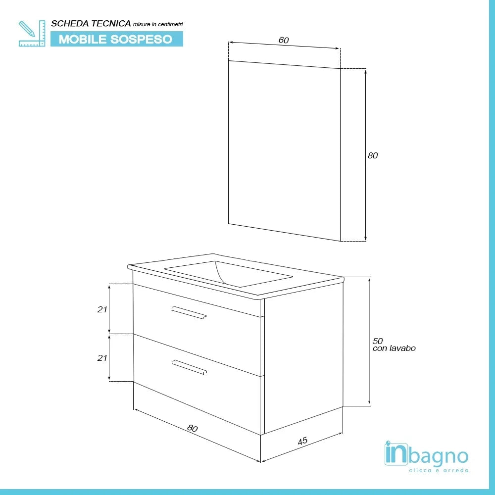 Mobile bagno sospeso 80 cm grigio con 2 cassettoni soft-close Desya