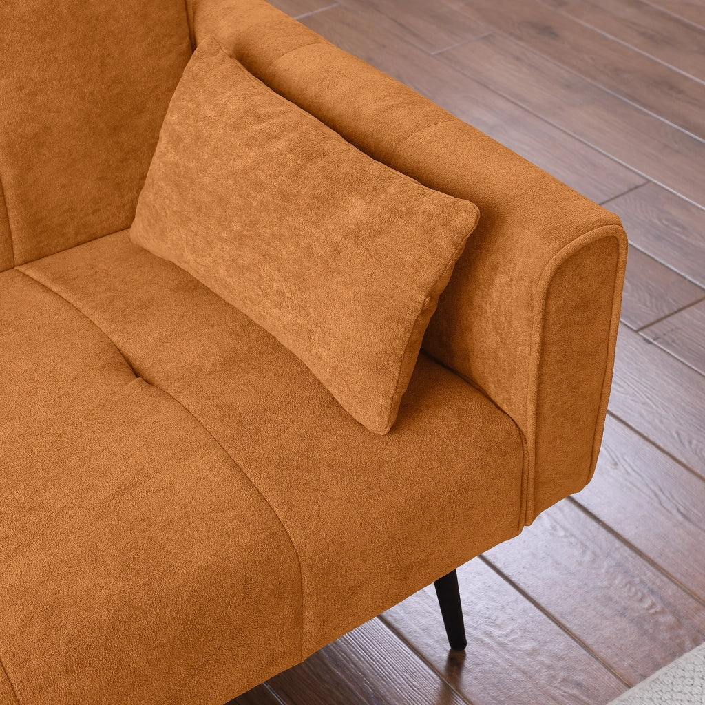 Divano letto futon pieghevole con struttura in legno e piedi in metallo in tessuto a coste arancione per salotto e studio