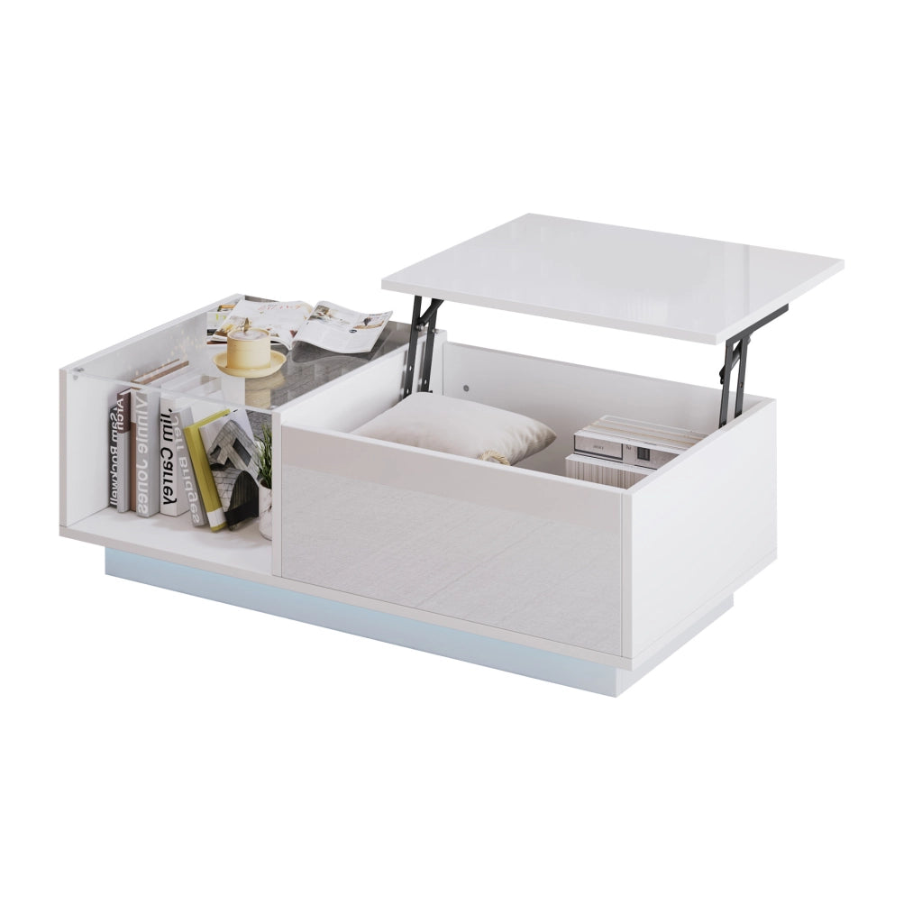 Tavolino da caff猫 100x50x33 cm; piano sollevabile con LED app; truciolato bianco