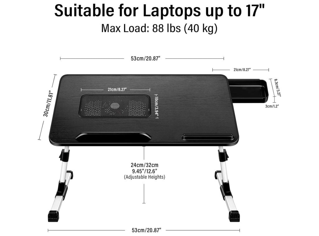 Tavolino per PC Regolabile in Altezza Pieghevole con Ventola PC Cassettiera Tavolo per Letto Divano Pavimento 53x30cm