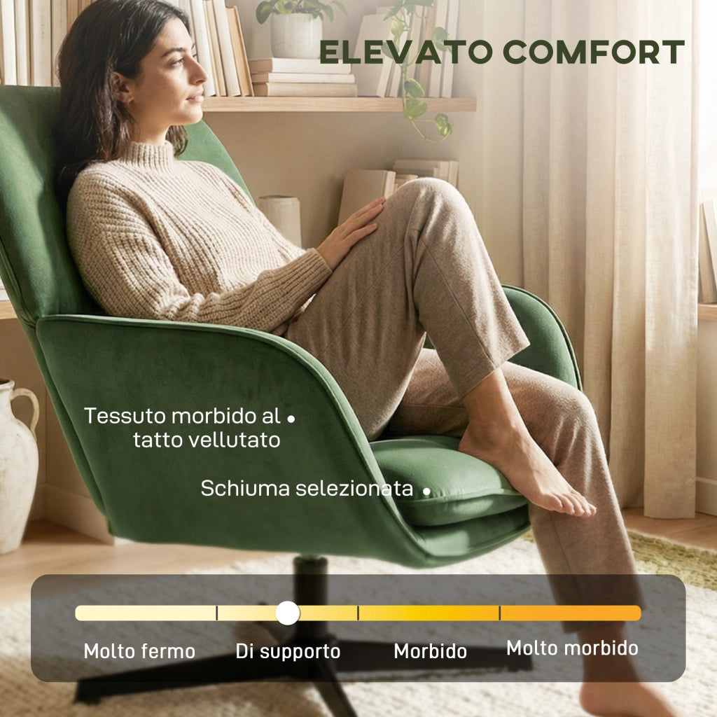 Poltrona da Salotto Girevole con Cuscino Lombare e Rivestimento in Tessuto Effetto Velluto, Verde