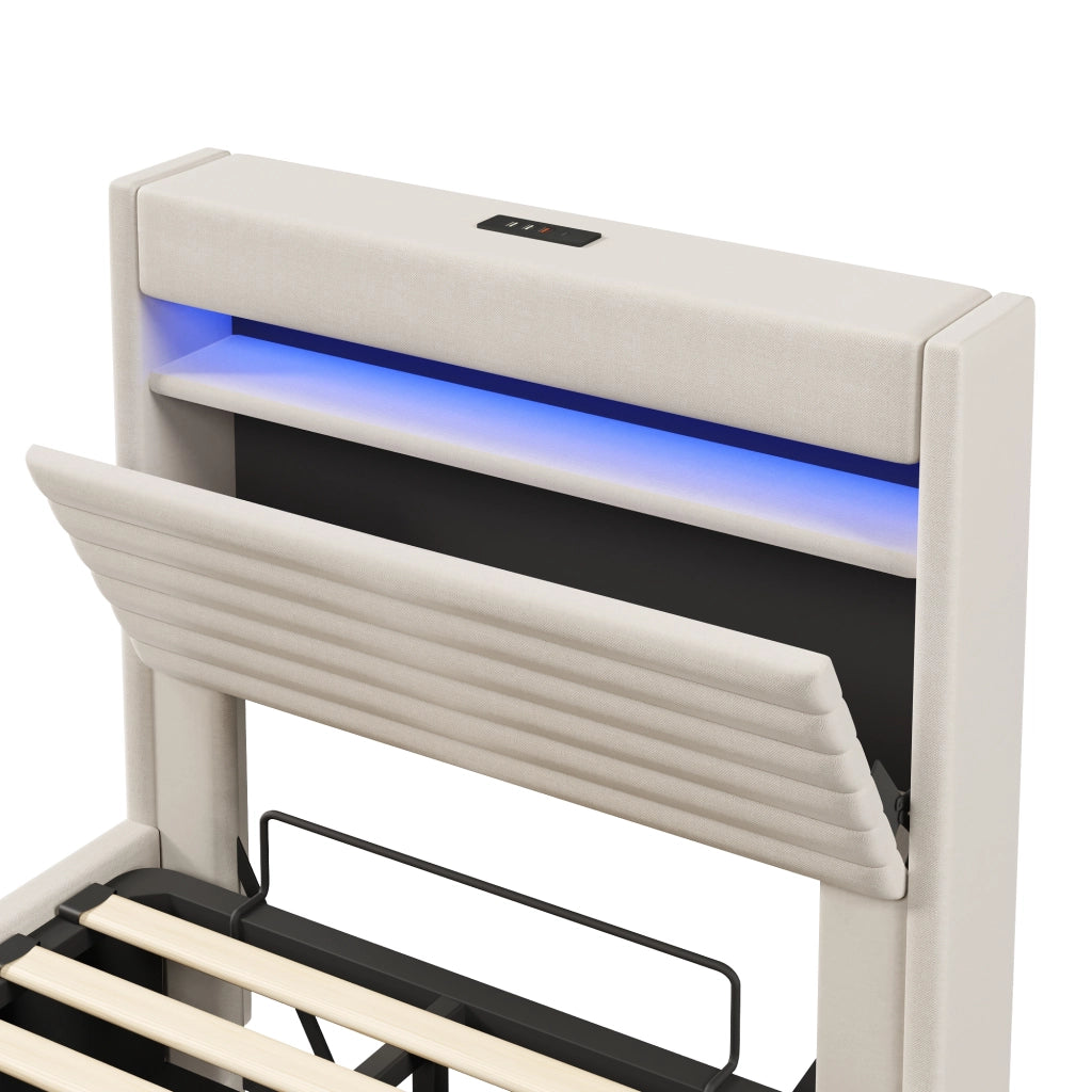 Letto contenitore imbottito 90x200 cm con apertura ribaltabile; LED tramite pulsante e App; USB-C; lino beige