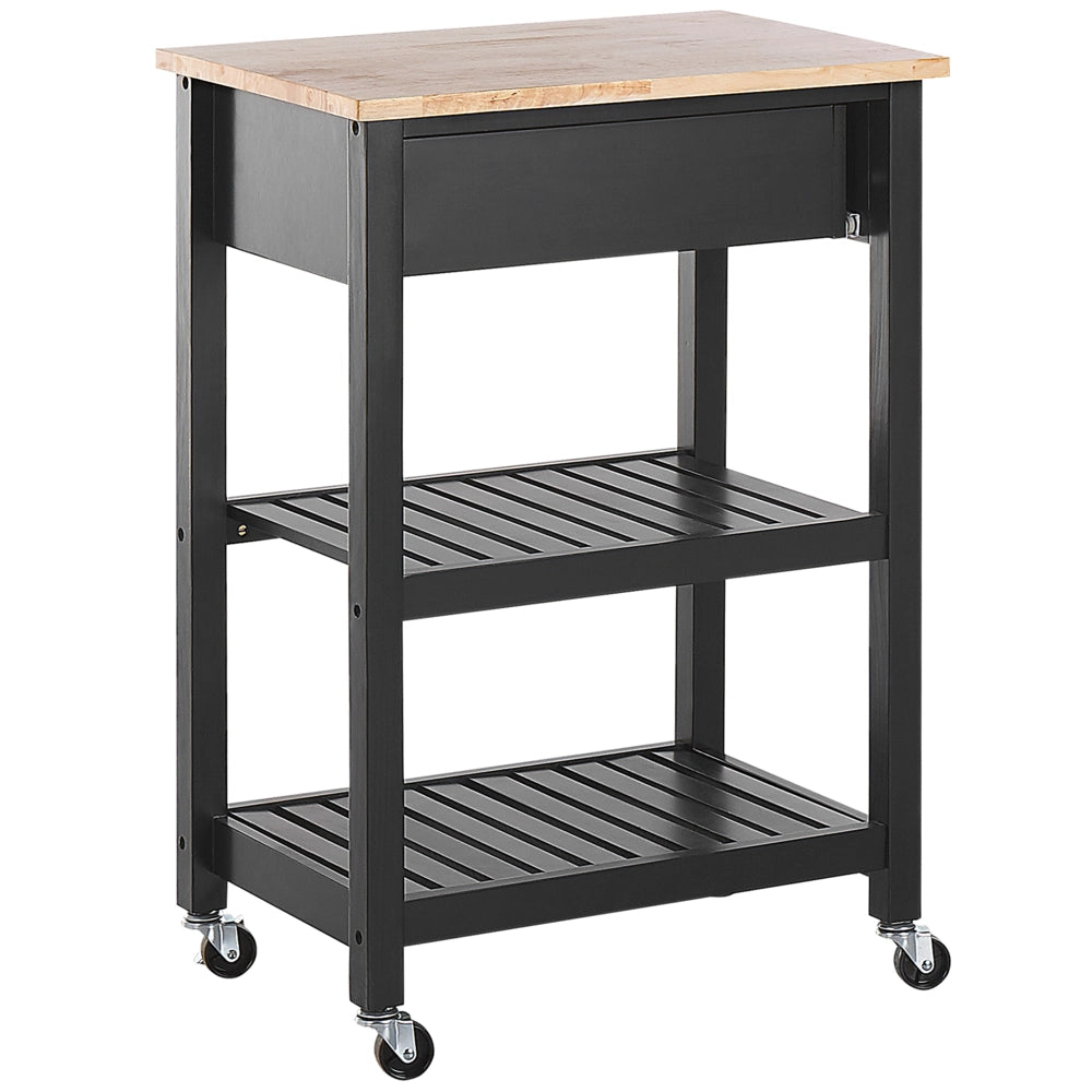 Carrello da cucina in legno di gomma Nero MDF 58 x 40 x 85 cm 2 ripiani portaposate cassetto portabottiglie ruote