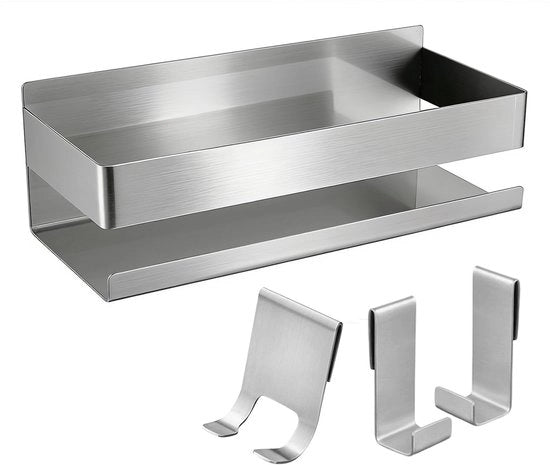 Pannello da doccia senza fori 23 * 9 * 7,5CM - Pannello da doccia autofissante, pannello da bagno in acciaio inossidabile, spazio di stoccaggio risparmiato per shampoo e gel doccia, pannello da cucina senza fori