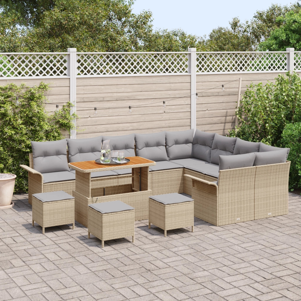 Set divano da giardino da 13 pezzi con cuscini beige in polyrattan acacia