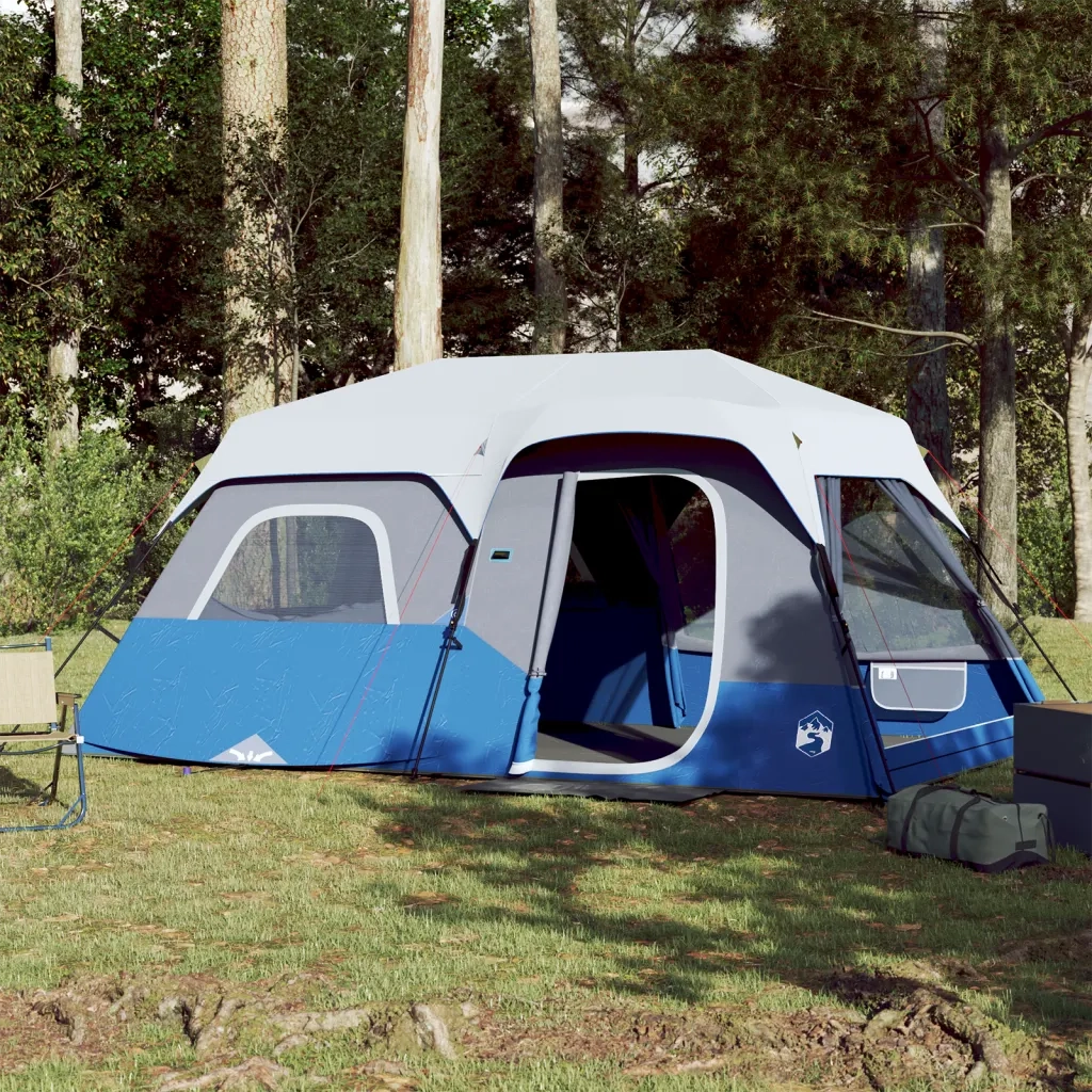Tenda Famiglia con LED 9 Persone-Tenda da campeggio Blu Chiaro a Rilascio Rapido