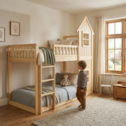 Letto a castello a casetta 90x200 cm con 2 finestre; scala a 3 gradini e parapetto integrale; pino e MDF; naturale