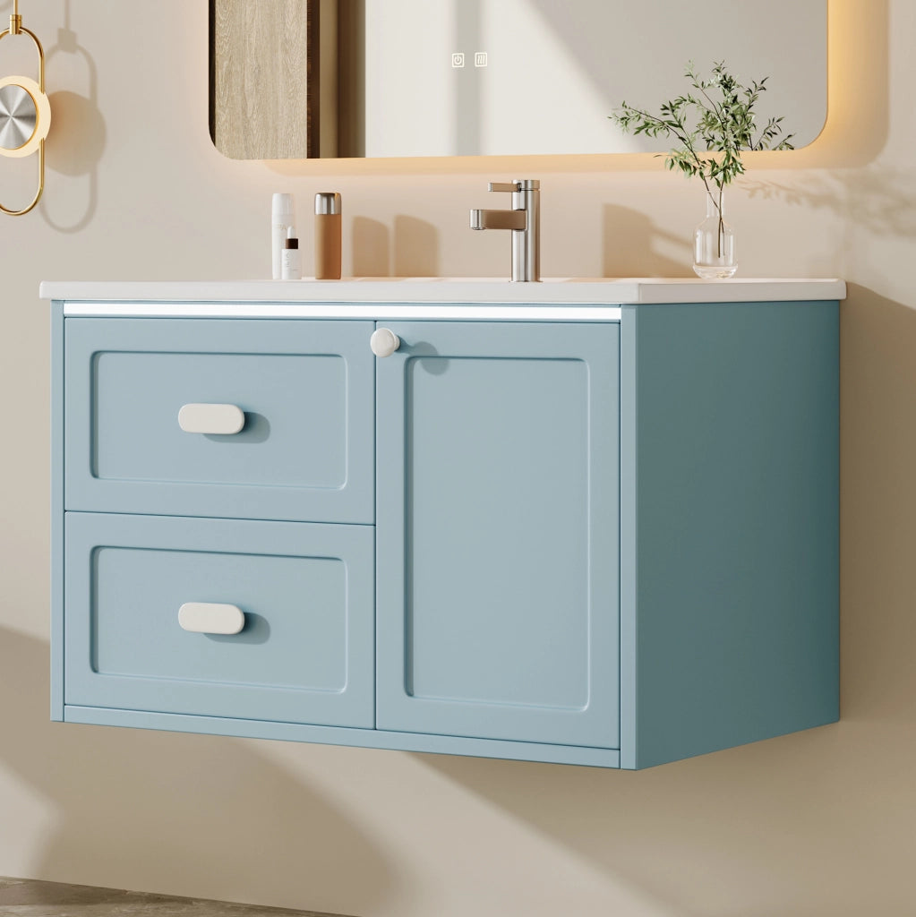 Mobile bagno sospeso 76x46x51 cm con illuminazione LED a sensore; lavabo integrato in ceramica; MDF blu