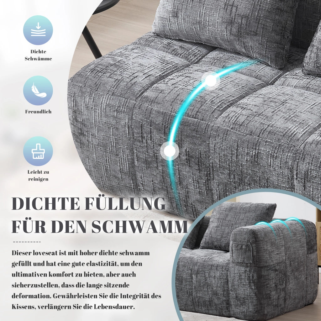 Divano 2 Posti Chaise Longue con Tasche Laterali e Cuscino, Design Ergonomico, in Ciniglia, Grigio, 158 × 90 × 60 cm