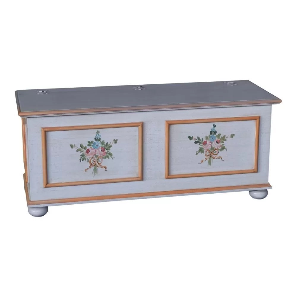 Cassapanca in legno shabby bianco anticato decoro filo arancione 116,5x40,5x46 - Mobili 2G