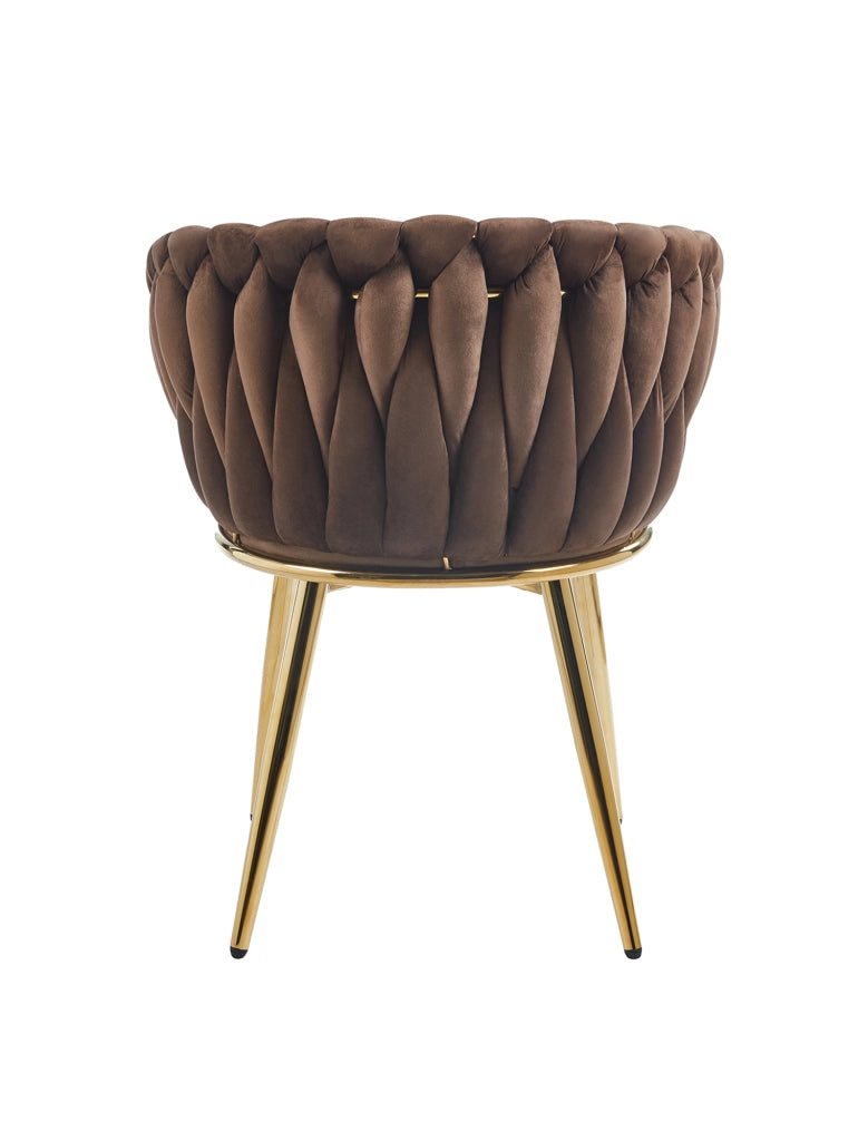 Poltrona Con Schienale In Velluto Intrecciato Design Moderno, Sedia Imbottita Circolare con Gambe in Metallo Placcato Oro Poltroncina  - Marrone