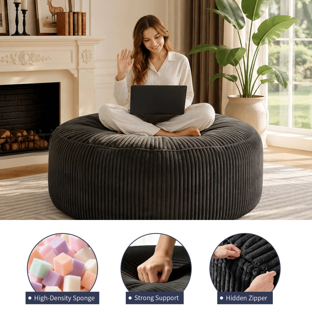Poltrona pouf rotonda - con imbottitura ad alta resilienza - in velluto a coste - nero