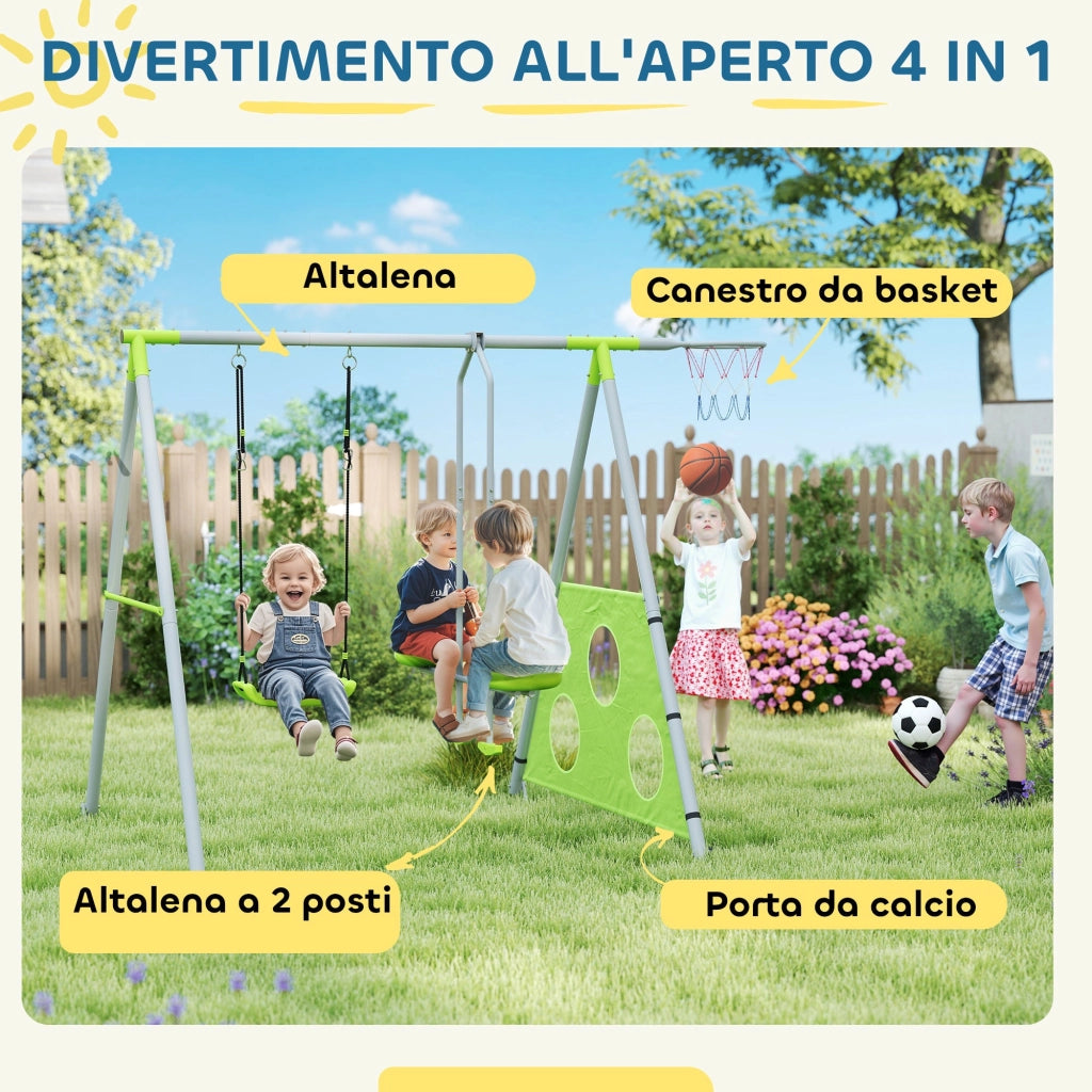 Gioco per Bambini 4 in 1 215x180x182 cm con 2 Altalene Canestro e Porta da Calcio Verde e Grigio
