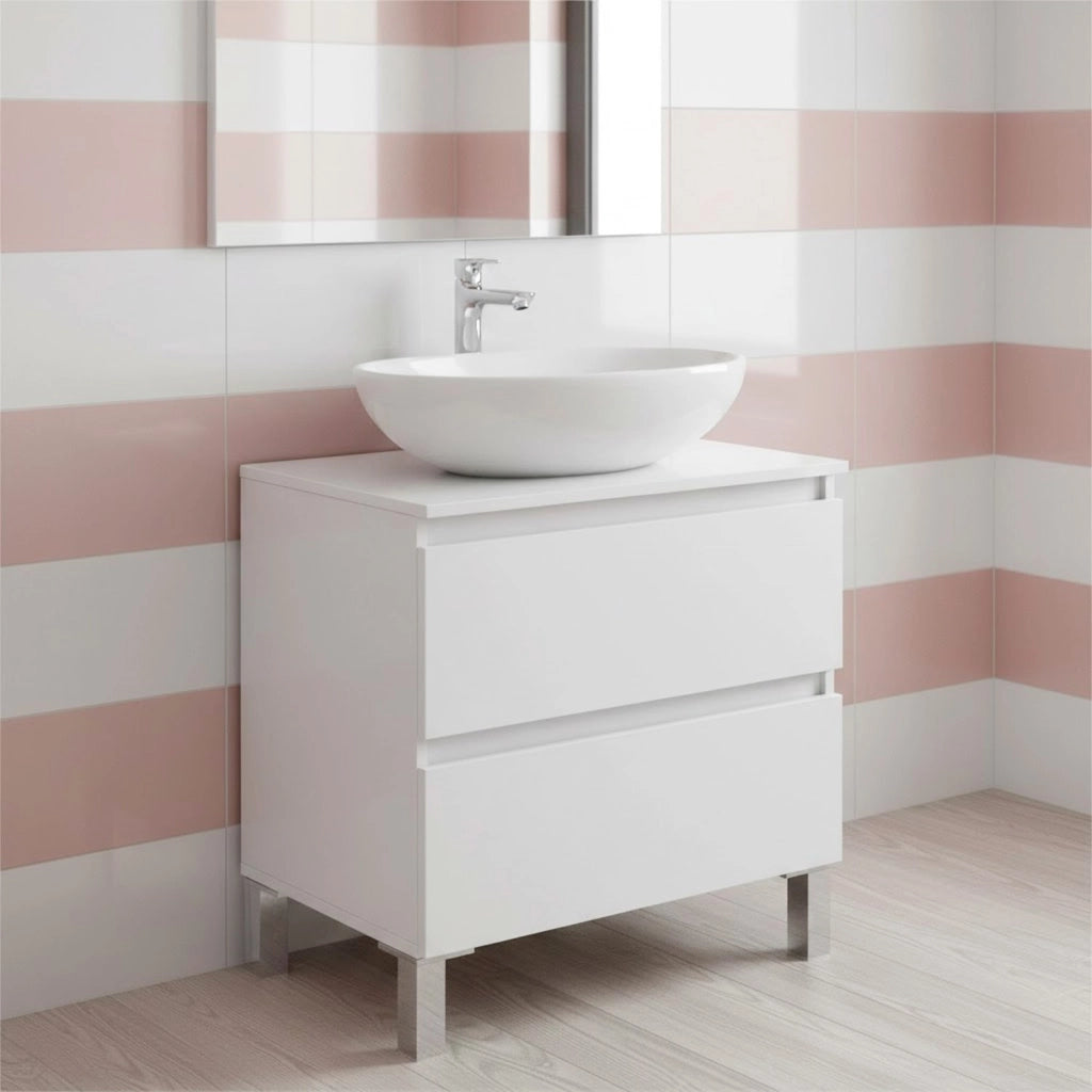 Mobile Bagno Con Lavabo Da Appoggio Due Cassetti Salvaspazio Guide In Metallo E Gambe In Alluminio Stile Moderno Minimal Per Lavanderia E Ripostiglio 63.5 x 60 x 40 Cm Bianco Lucido