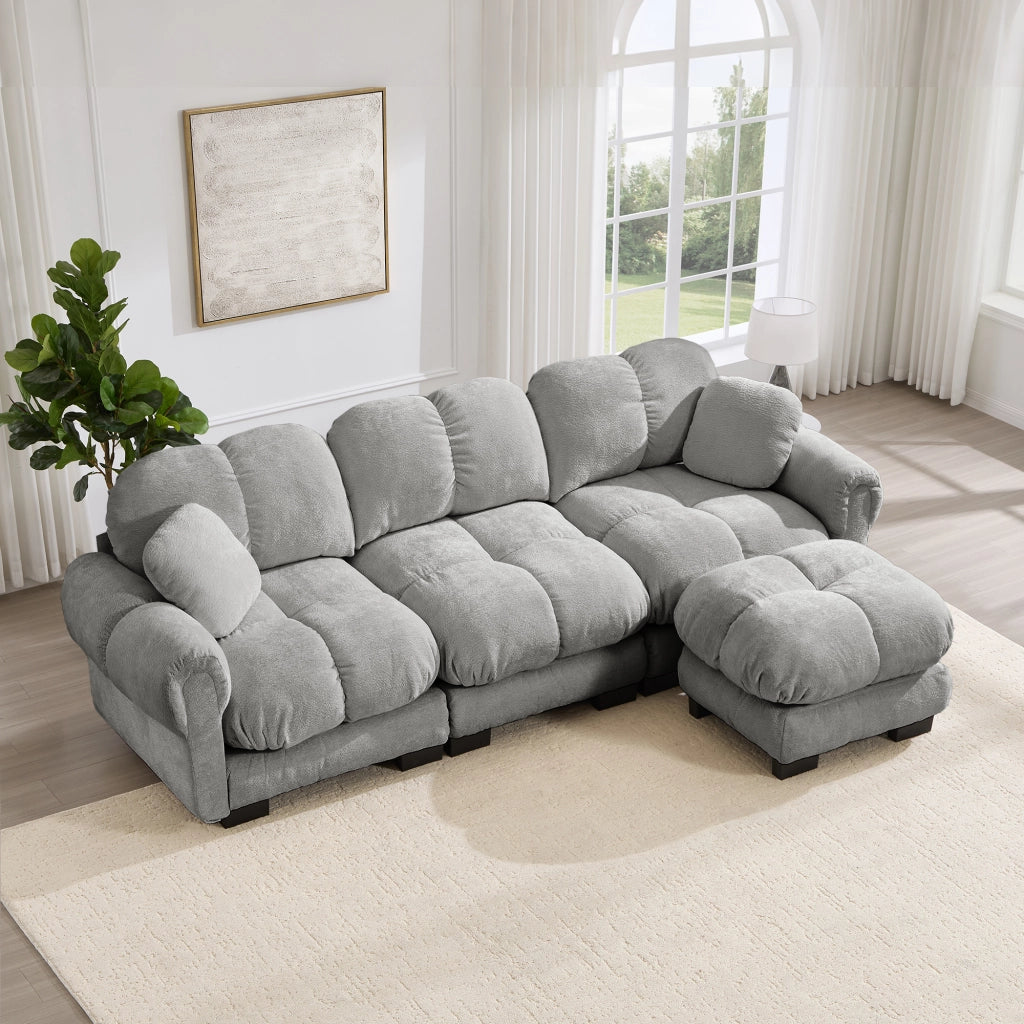 Divano angolare a 3 posti in chenille con chaise longue mobile e cuscini decorativi imbottitura spessa grigio chiaro