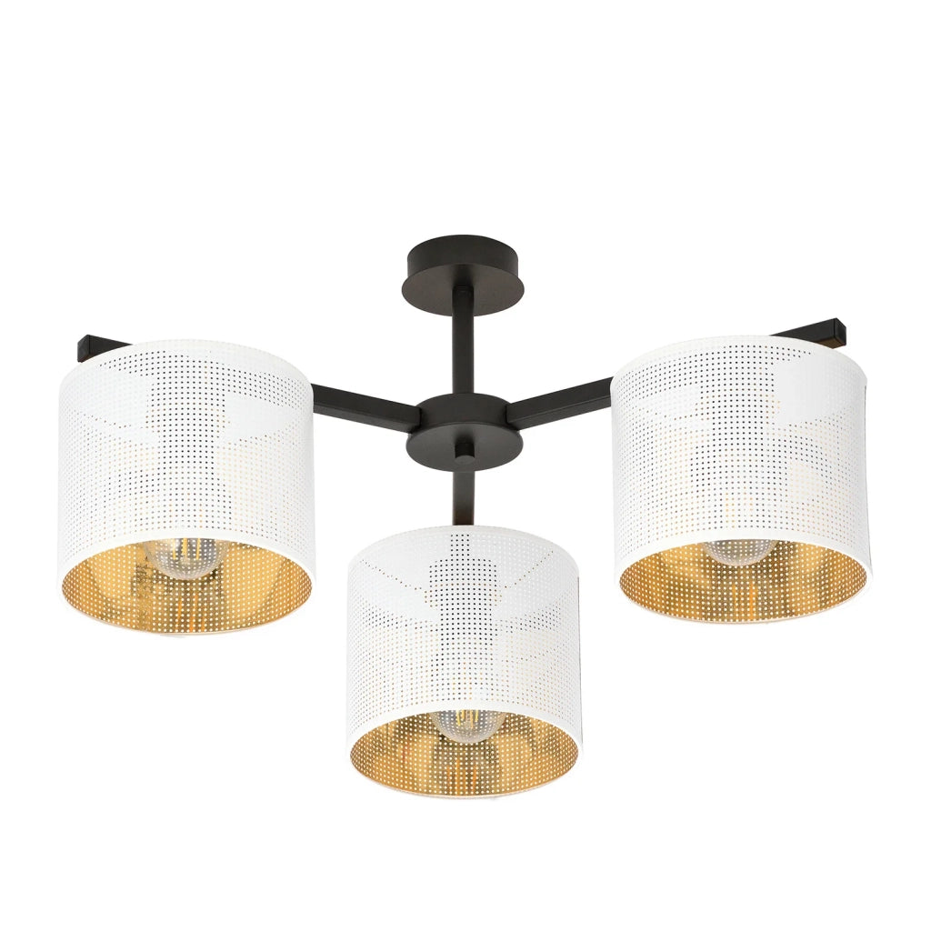 Plafoniera Industrial 3 Luci Cigno In Acciaio Bianco E Paralumi A Cilindro Oro