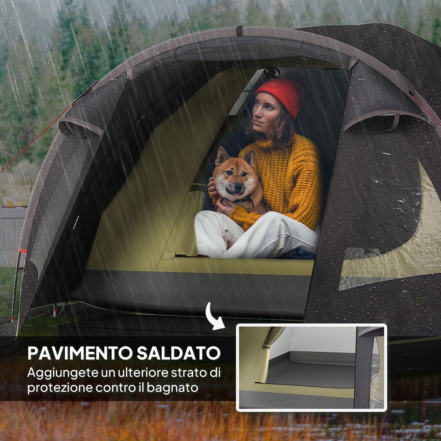 Tenda a Tunnel Impermeabile 330x190x120 cm per 2-4 Persone con Finestre Laterali e Gancio Nero