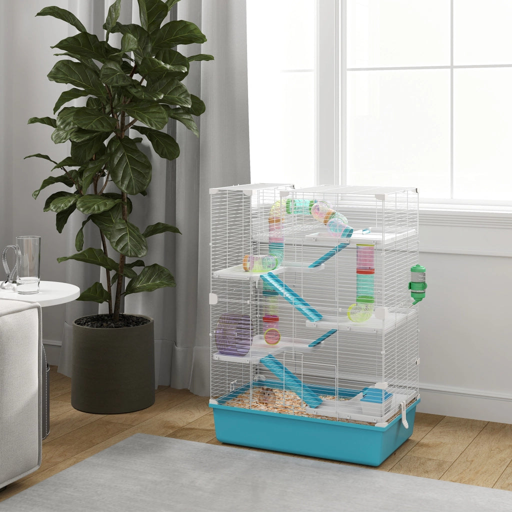 Gabbia per criceti a 6 livelli con tubi, doppia torre, 2 porte frontali in plastica azzurro chiaro 58 × 36 × 81 cm