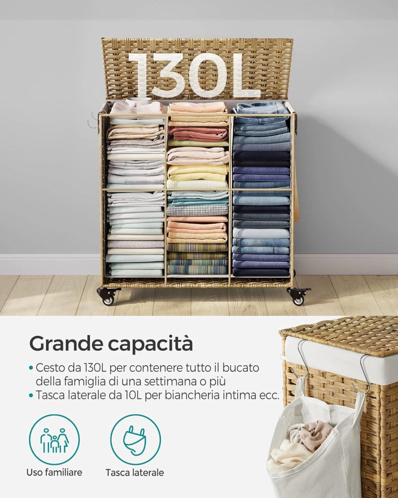 SONGMICS Cesto Portabiancheria con Coperchio, 140L, Cesta Biancheria in Rattan Sintetico con Ruote, 3 Scomparti, Sacco Rimovibile, Lavanderia Camera da Letto, 66 x 33 x 66 cm, Naturale LCB363N01