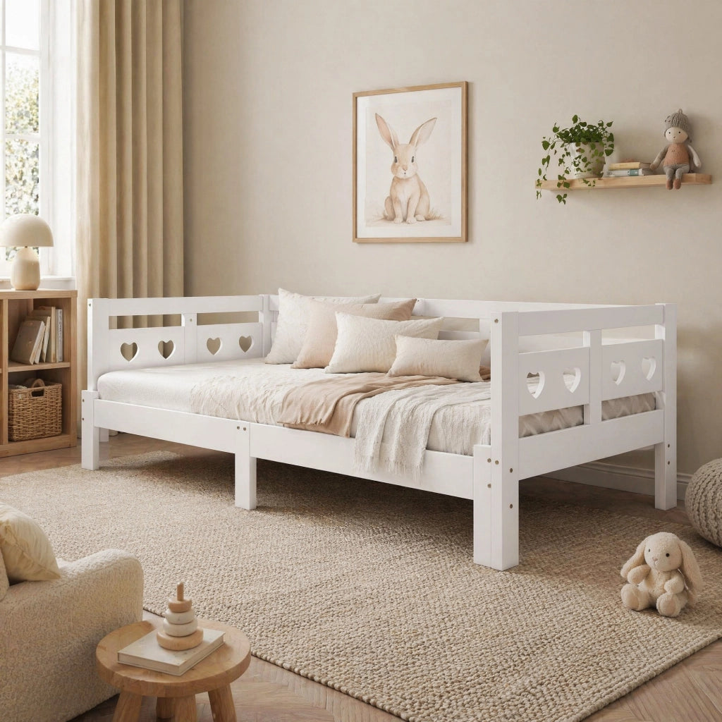 Letto giorno estendibile a cuore 90x200 cm in legno di pino massiccio bianco con 2 posti