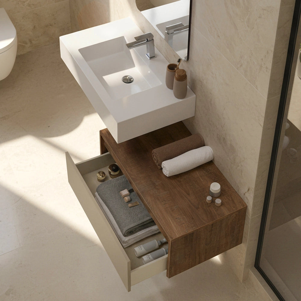 Mobile bagno sospeso 80 cm tortora e tabacco con lavabo sospeso e specchio – Numa