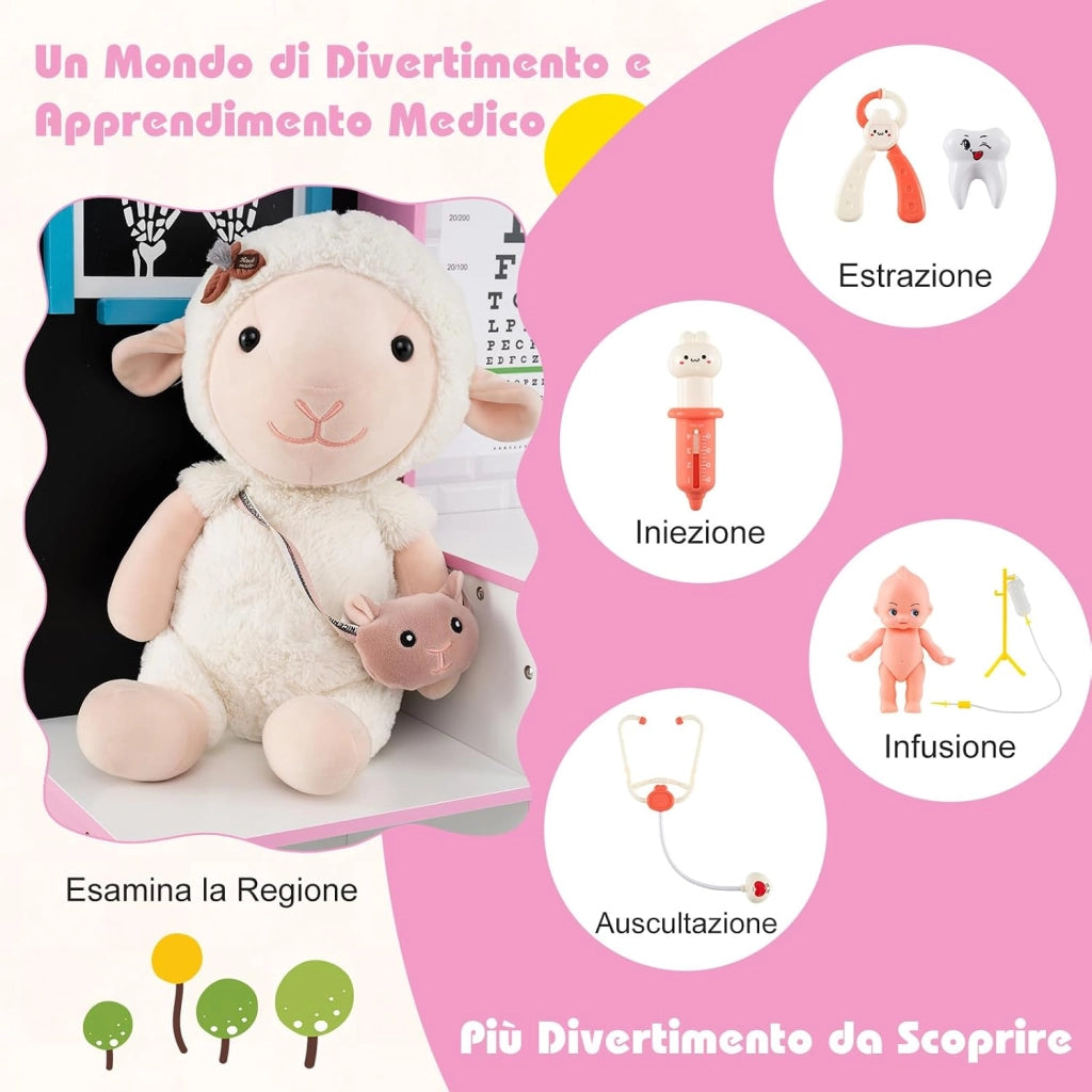 Set Gioco Dottore per Bambini, Gioco di Ruolo Medico in Legno con Stetoscopio, Radiografie, Monitor ECG, Tabella Oculistica e 29 Accessori, Medico Giocattolo per Bambini 3+ Anni (Rosa)