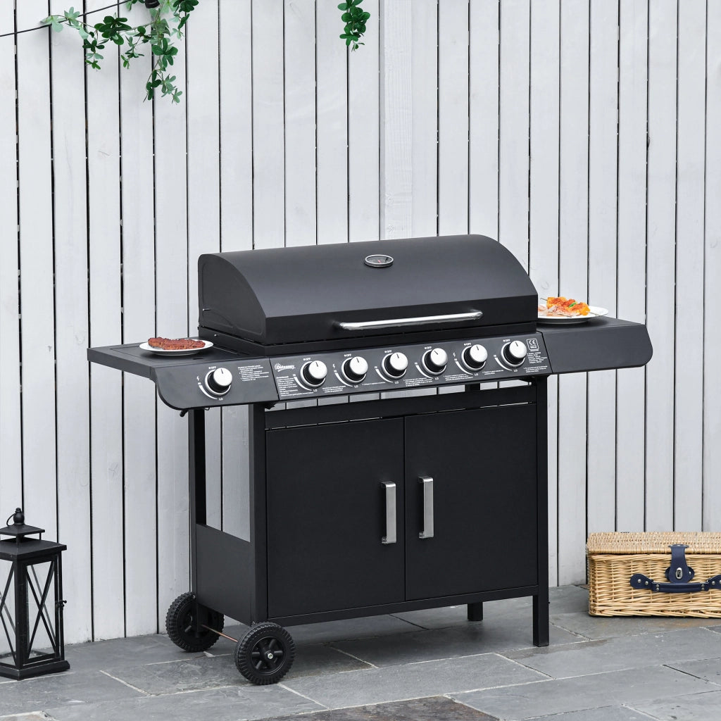 Barbecue a Gas con Coperchio, 7 Bruciatori da 20kW, Fornello Laterale e 2 Ruote, 135x50x100cm Nero