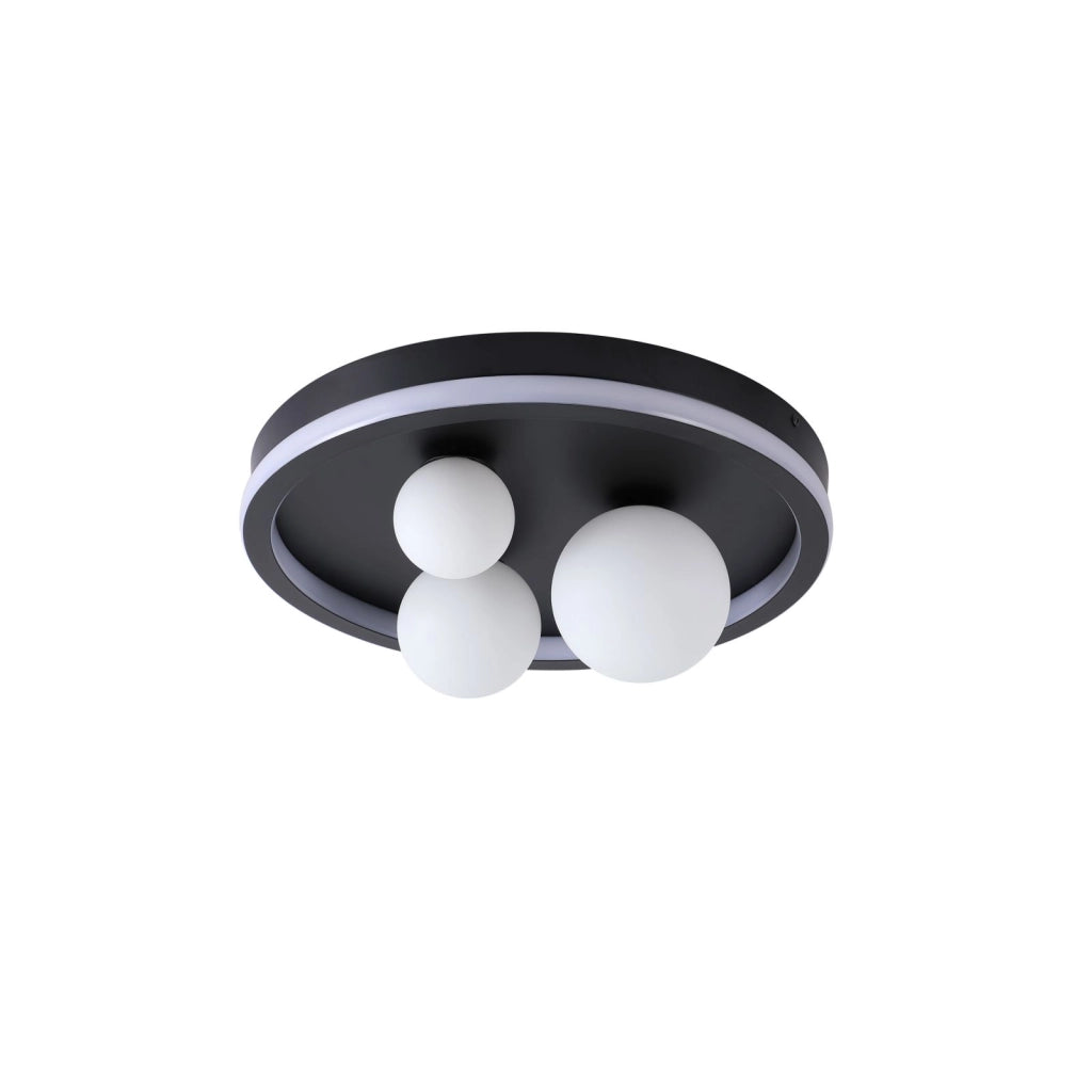 Trident 3Lt LED Flush, metallo nero e sfere in vetro opalino