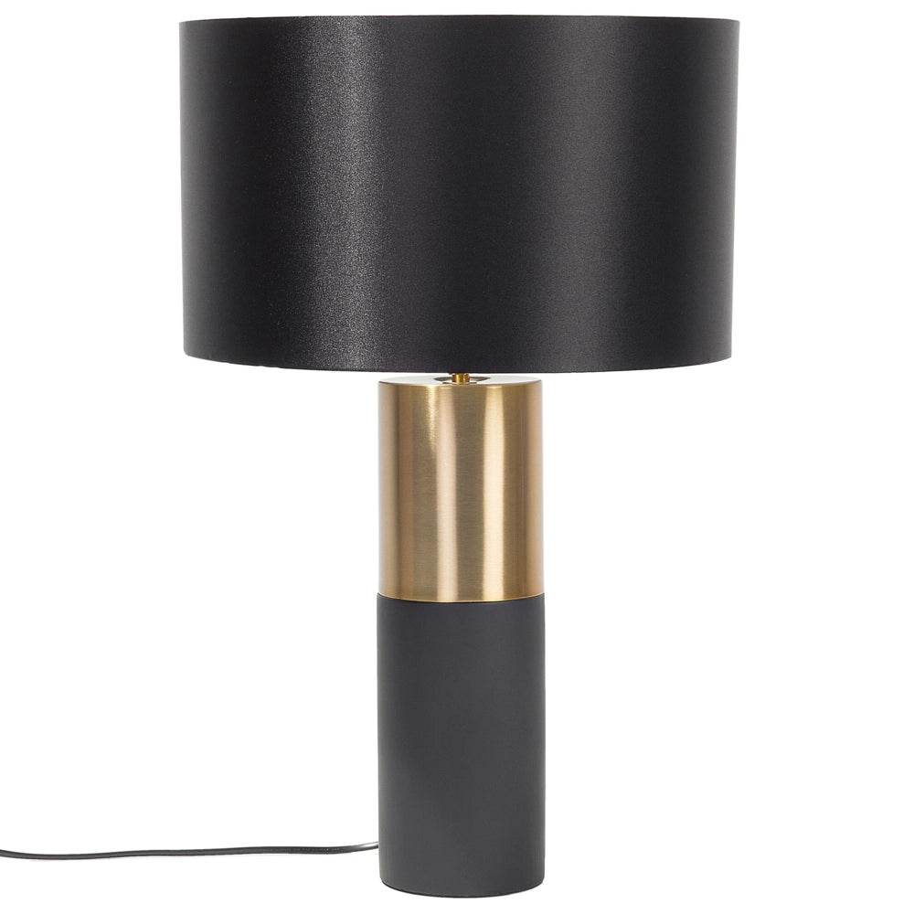 Lampada da Tavolo Comodino Grigio Chiaro Base Rotonda Tessuto Nero Paralume Rotondo Tamburo