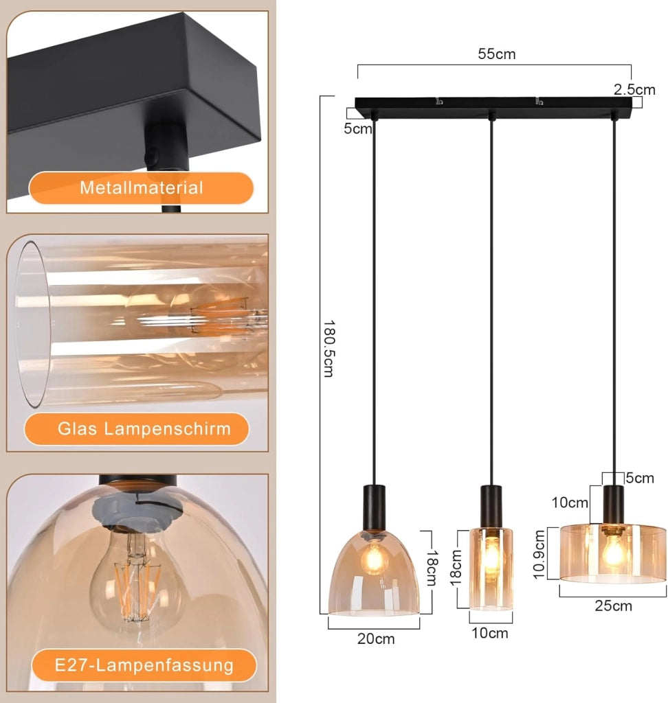 ZMH Lampada a Sospensione 3 Luci Vetro Ambra Industriale Altezza Regolabile per Soggiorno Sala da Pranzo Senza Lampadina