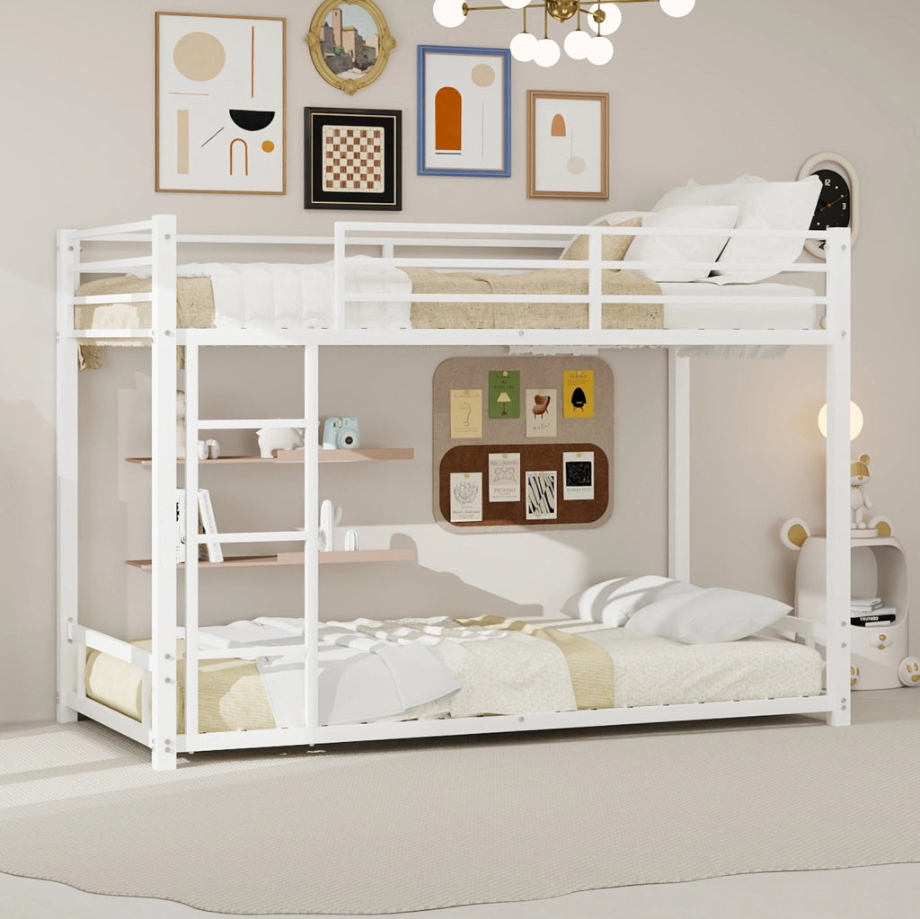Letto a castello 90x190 cm con scala e sponde in ferro bianco