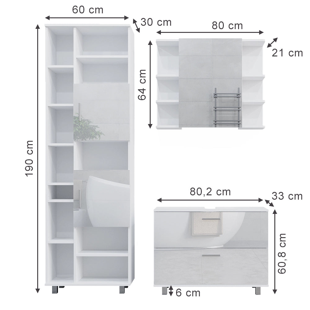Vicco Set di mobili da bagno Bianco lucido 3 pezzi, con cassetto